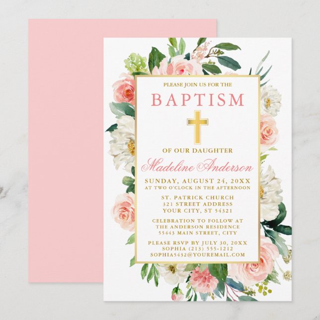 Watercolor Roses Flowers Pink Gold Baptism Invitation (Front/Back)