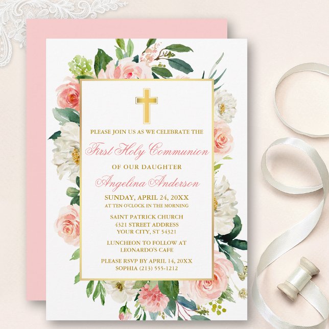 Watercolor Roses Flowers Pink Gold Frame Communion Invitation (Customize to change text color, size, style or to change color of back of card.)