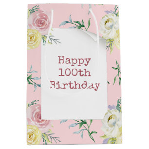 Watercolor Roses for 100th Birthday Medium Gift Bag