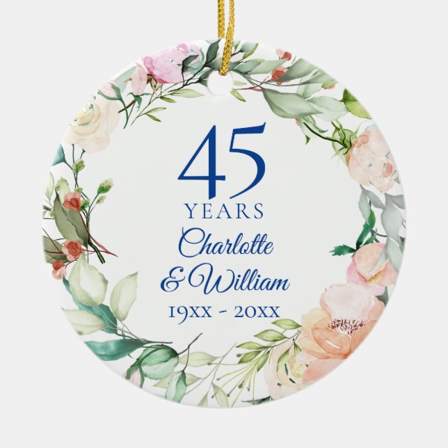 Watercolor Roses Garland 45th 65th Anniversary Ceramic Ornament (Front)