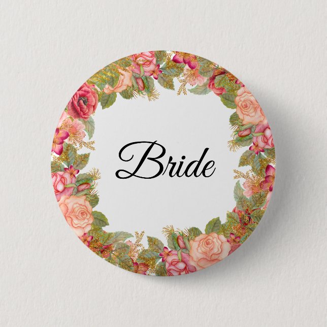 Watercolor Roses & Glitter Bride Pin (Front)