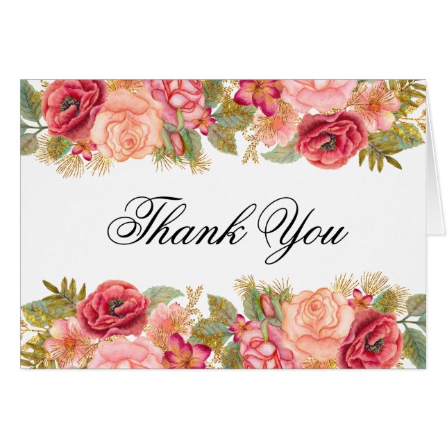 Watercolor Roses & Glitter Thank You Notes (Front Horizontal)
