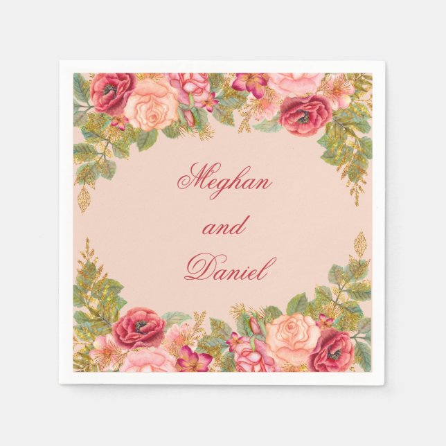 Watercolor Roses & Glitter Wedding Napkins (Front)