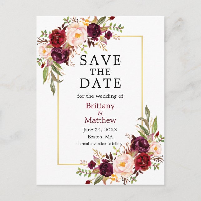Watercolor Roses Gold Frame Burgundy Save the Date Postcard (Front)