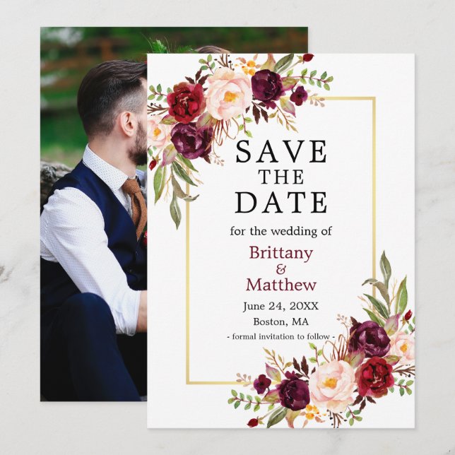 Watercolor Roses Gold Frame Photo Burgundy Save The Date (Front/Back)