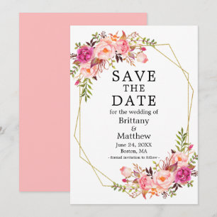 Watercolor Roses Gold Geo Frame Pink Save The Date
