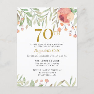 Watercolor Roses & Gold Glitter 70th Birthday Invitation Postcard