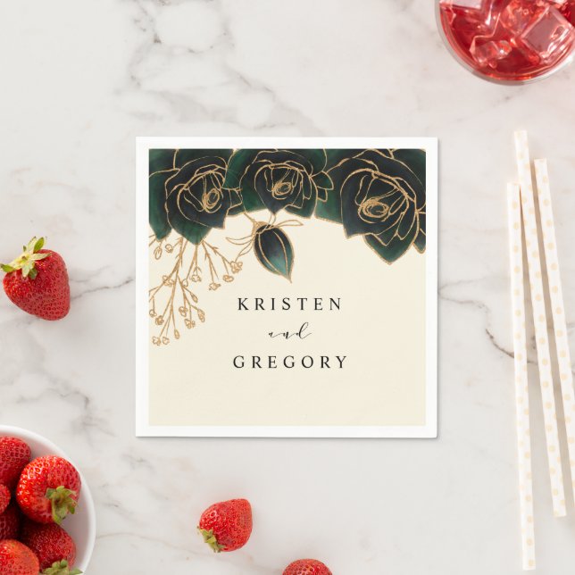 Watercolor Roses Green And Gold Wedding Napkin (Insitu)