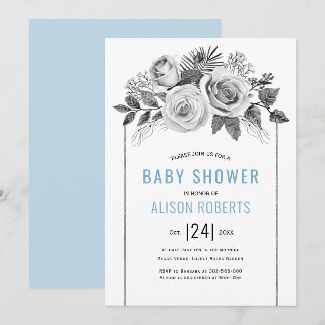 Watercolor roses grey floral boy baby  shower invitation (Front/Back)