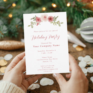 Watercolor Roses & Holly Company Holiday Party Invitation