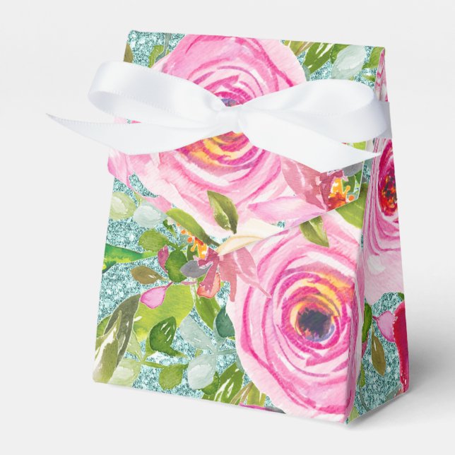 Watercolor Roses in Aqua Glitter Personalized Favor Box (Front Side)