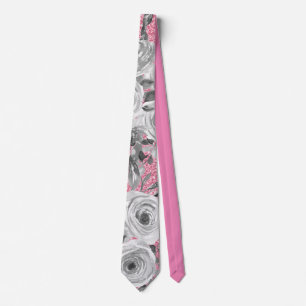Watercolor Roses in Gray and White on Pink Glitter Tie