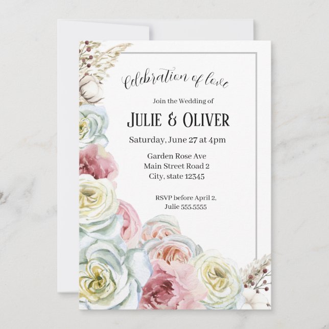 Watercolor roses in pale pink, cream white Wedding Invitation (Front)