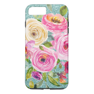 Watercolor Roses in Pink and Cream Aqua Glitter Case-Mate iPhone Case