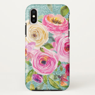 Watercolor Roses in Pink and Cream Aqua Glitter iPhone XS Case