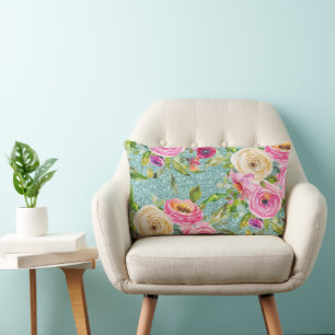 Watercolor Roses in Pink and Cream Aqua Glitter Lumbar Pillow