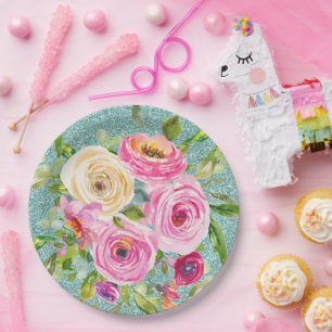 Watercolor Roses in Pink and Cream Aqua Glitter Paper Plate