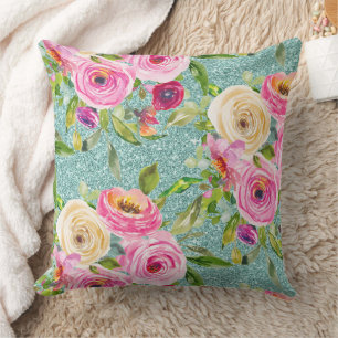 Watercolor Roses in Pink and Cream Aqua Glitter Throw Pillow