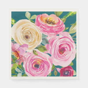 Watercolor Roses in Pink and Cream in Teal Napkin