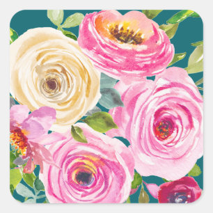 Watercolor Roses in Pink and Cream in Teal Square Sticker