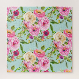 Watercolor Roses in Pink and Cream on Aqua Jigsaw Puzzle