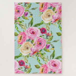 Watercolor Roses in Pink and Cream on Aqua Jigsaw Puzzle