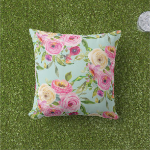 Watercolor Roses in Pink and Cream on Aqua Outdoor Pillow