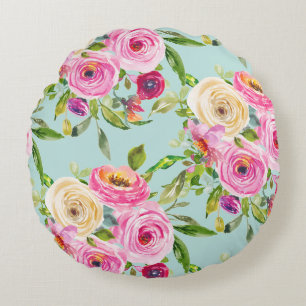 Watercolor Roses in Pink and Cream on Aqua Round Pillow