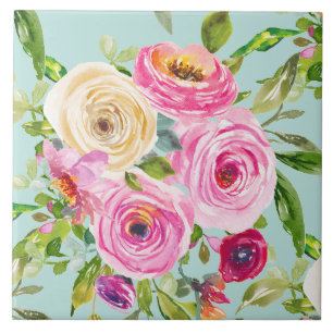 Watercolor Roses in Pink and Cream on Aqua Tile