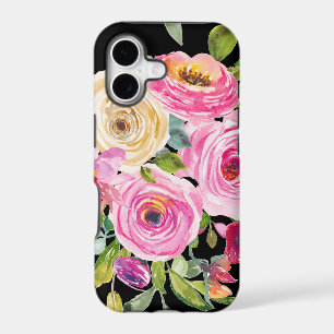 Watercolor Roses in Pink and Cream on Black