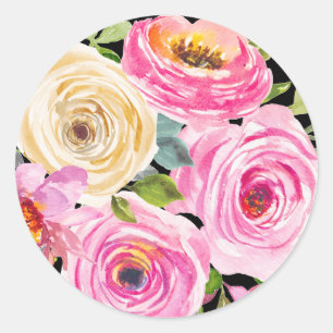 Watercolor Roses in Pink and Cream on Black Classic Round Sticker