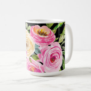 Watercolor Roses in Pink and Cream on Black Coffee Mug