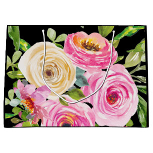 Watercolor Roses in Pink and Cream on Black Large Gift Bag