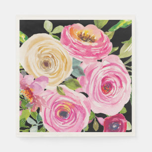 Watercolor Roses in Pink and Cream on Black Napkin