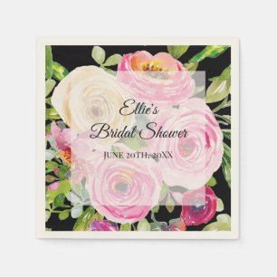 Watercolor Roses in Pink and Cream on Black Napkin