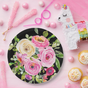 Watercolor Roses in Pink and Cream on Black Paper Plate