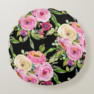Watercolor Roses in Pink and Cream on Black Round Pillow