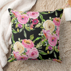 Watercolor Roses in Pink and Cream on Black Throw Pillow