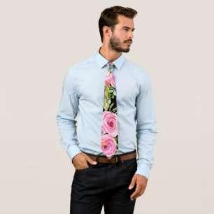 Watercolor Roses in Pink and Cream on Black Tie