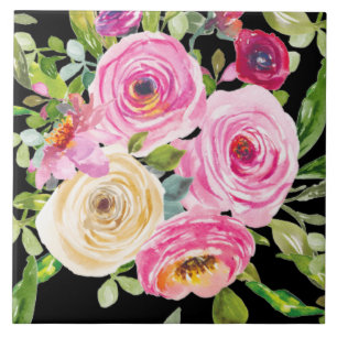 Watercolor Roses in Pink and Cream on Black Tile