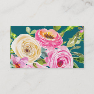 Watercolor Roses in Pink and Cream on Teal Business Card