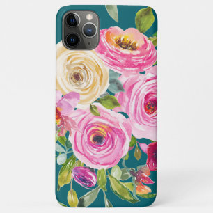 Watercolor Roses in Pink and Cream on Teal iPhone 11 Pro Max Case
