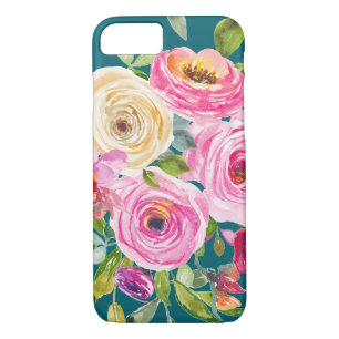Watercolor Roses in Pink and Cream on Teal Case-Mate iPhone Case