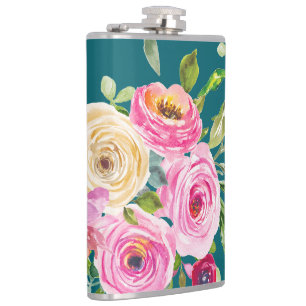 Watercolor Roses in Pink and Cream on Teal Hip Flask