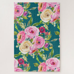 Watercolor Roses in Pink and Cream on Teal Jigsaw Puzzle