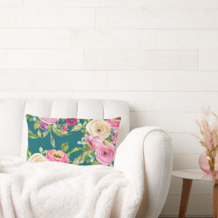 Watercolor Roses in Pink and Cream on Teal Lumbar Pillow