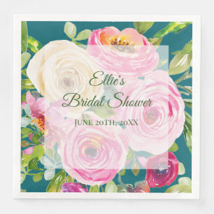 Watercolor Roses in Pink and Cream on Teal Napkin