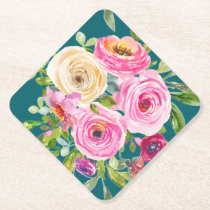 Watercolor Roses in Pink and Cream on Teal Paper Coaster