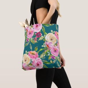 Watercolor Roses in Pink and Cream on Teal Tote Bag
