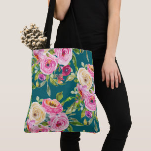 Watercolor Roses in Pink and Cream on Teal Tote Bag